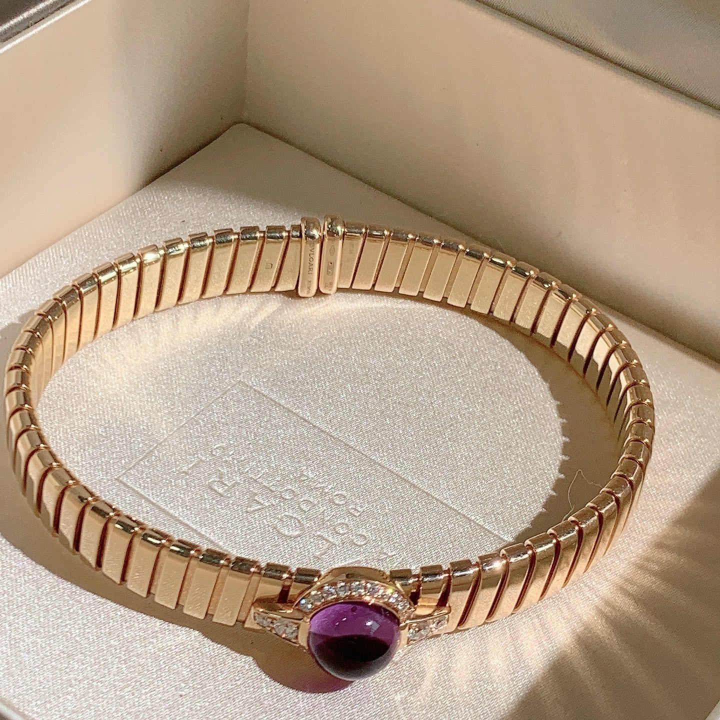 ✦ BVLGARI Tubogas Collection 18K Rose Gold Pavé Amethyst Flex Bangle, Size M (2022 Full Set/Gold Weight 42g)