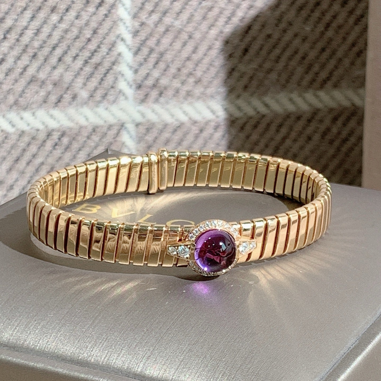 ✦ BVLGARI Tubogas Collection 18K Rose Gold Pavé Amethyst Flex Bangle, Size M (2022 Full Set/Gold Weight 42g)