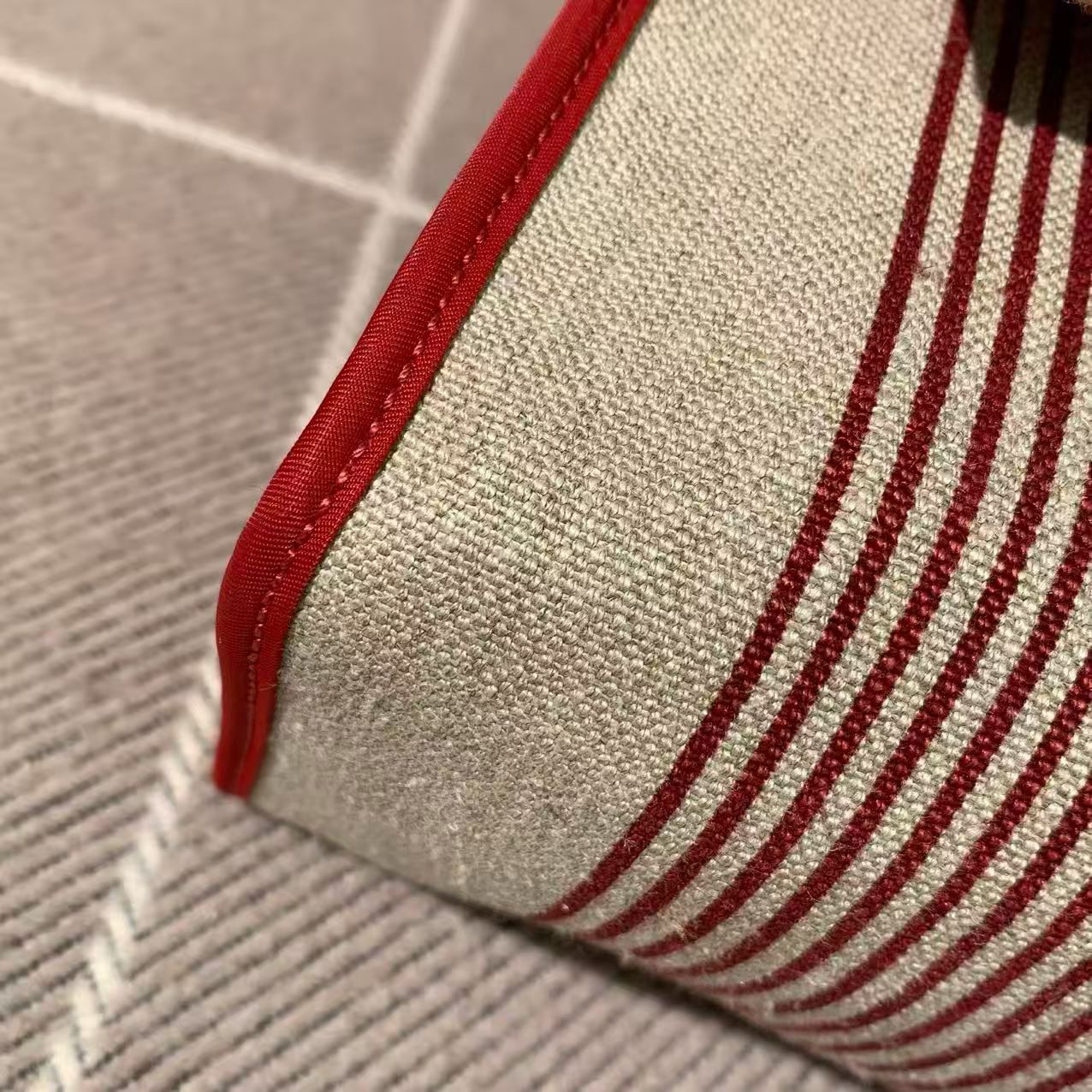 ✦ Hermès Herbag 31, red striped patchwork toile canvas with silver hardware and D-stamp (with complete set and invoice/classic preppy style)
