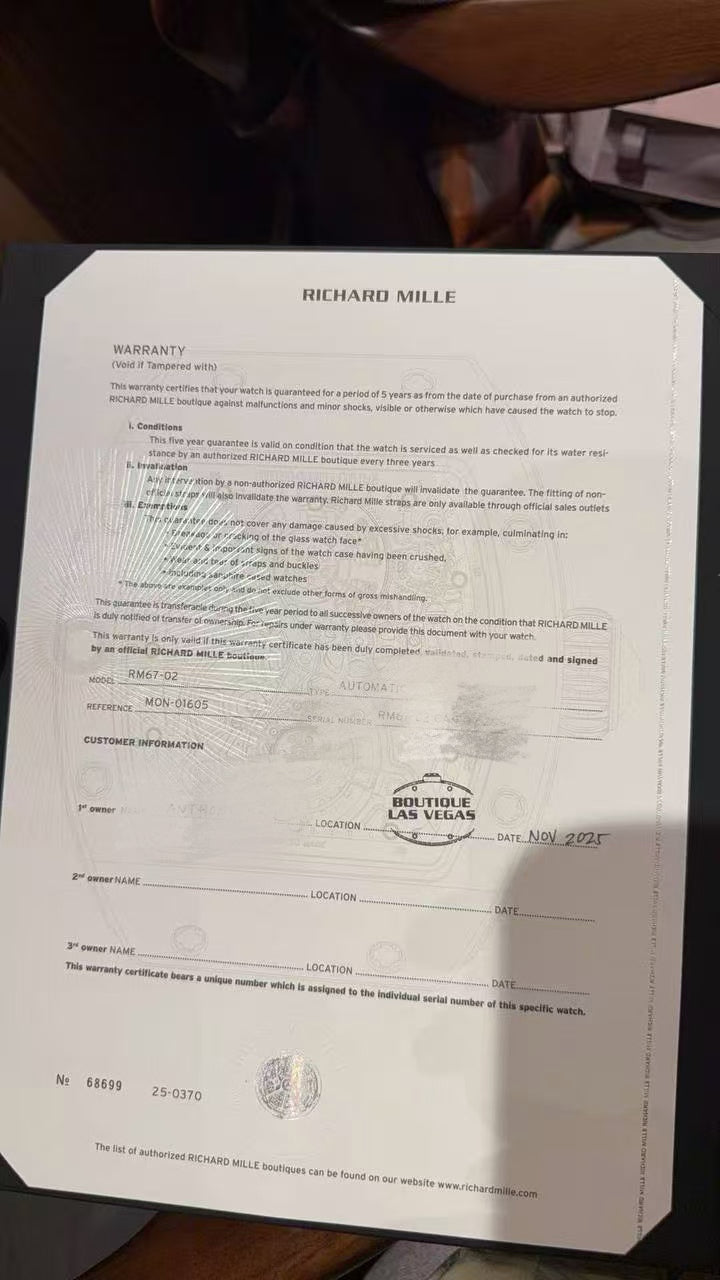 ✦ Richard Mille RM 67-02 French White Automatic Ultra-Thin Watch - A Private Collection by an Employee