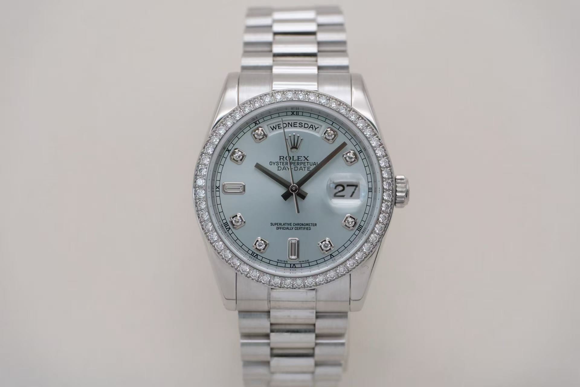 劳力士 Rolex 星期日历型 36 118346-0028 PT950铂金 冰蓝盘镶钻外圈 自动机械 36mm