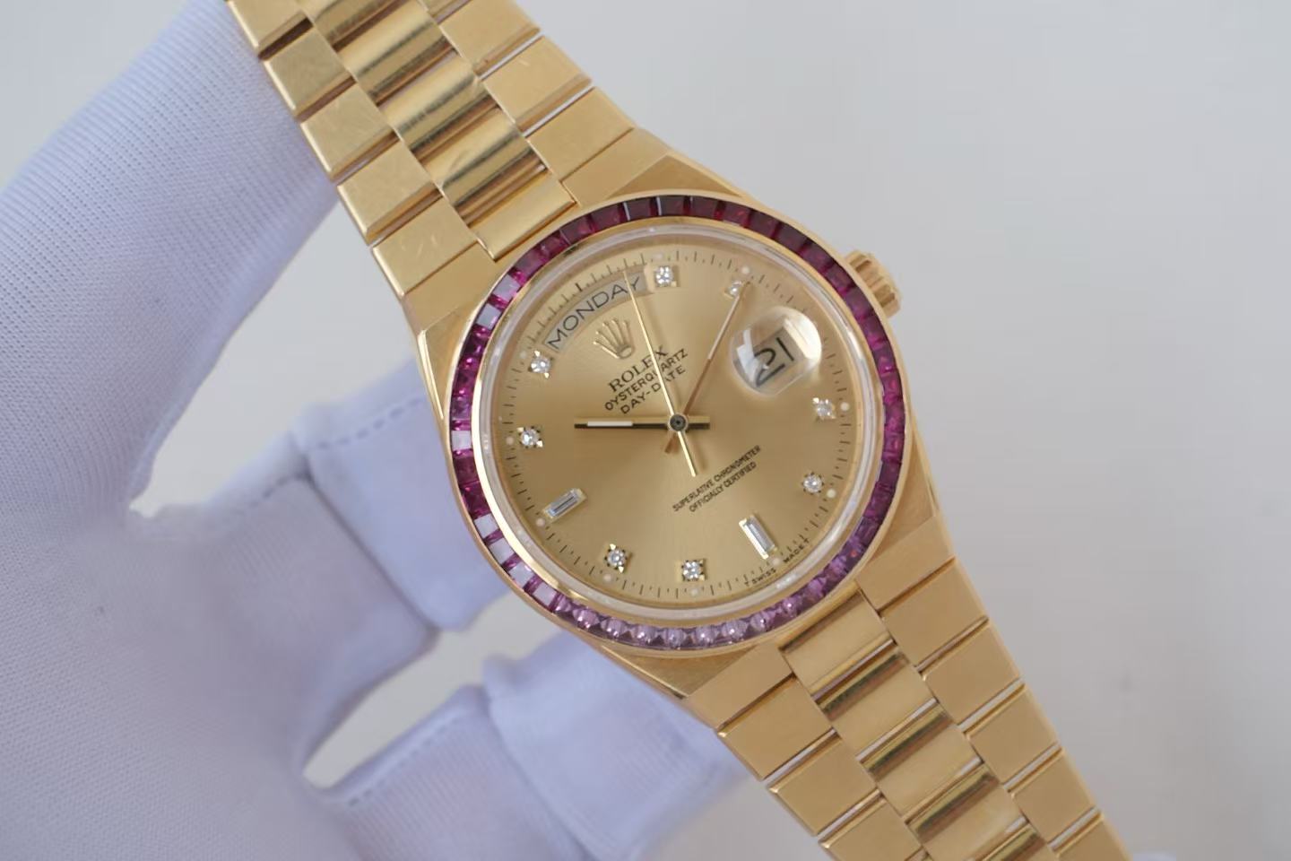 ✦ Rolex 19158 Day-Date 36mm 18K Yellow Gold Genta Case with Diamonds and Gemstones (Antique Unique Item/with Rolex Warranty Card)