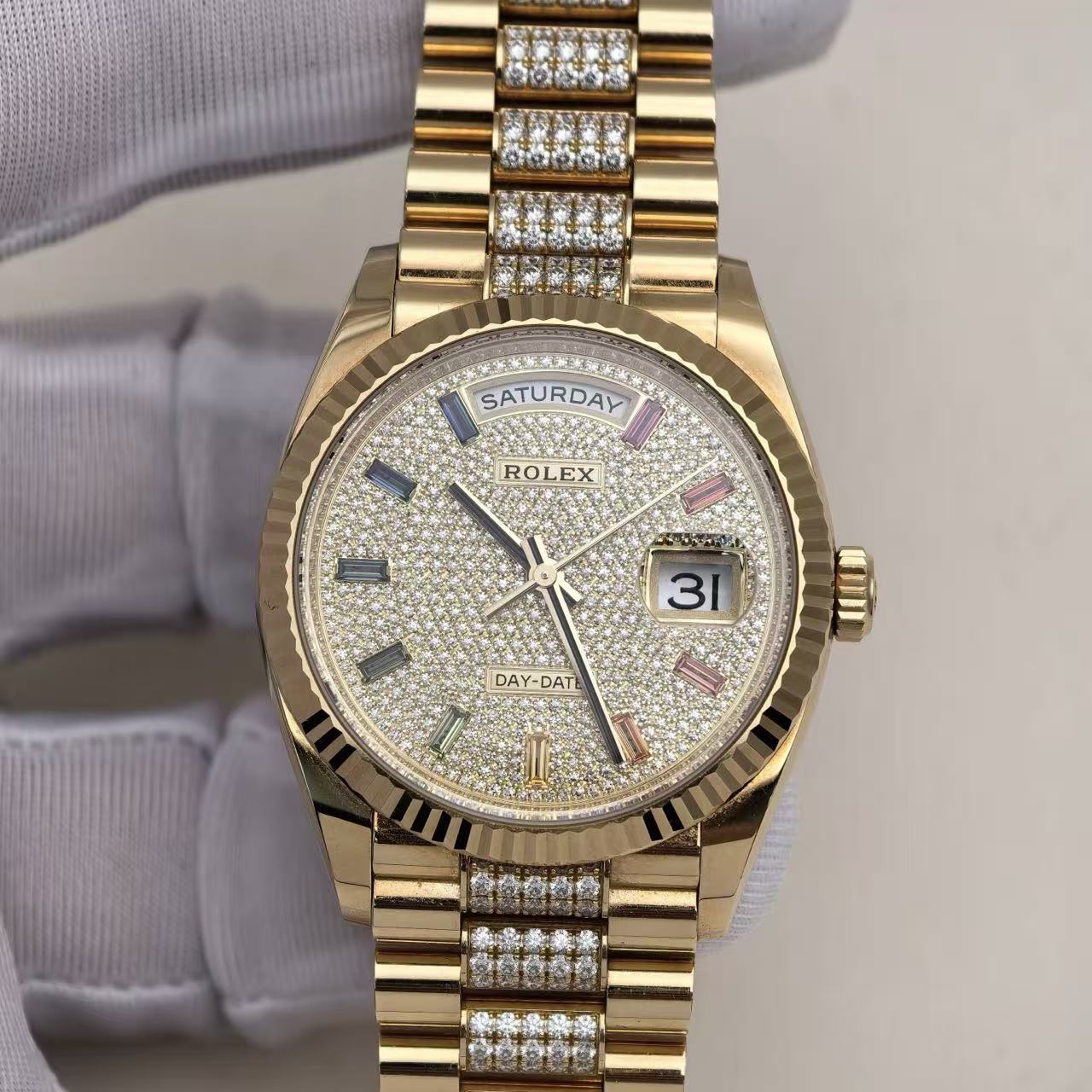 ✦ Rolex Day-Date 36mm 18K Yellow Gold with Diamond and Gemstone Hourmarks m128238