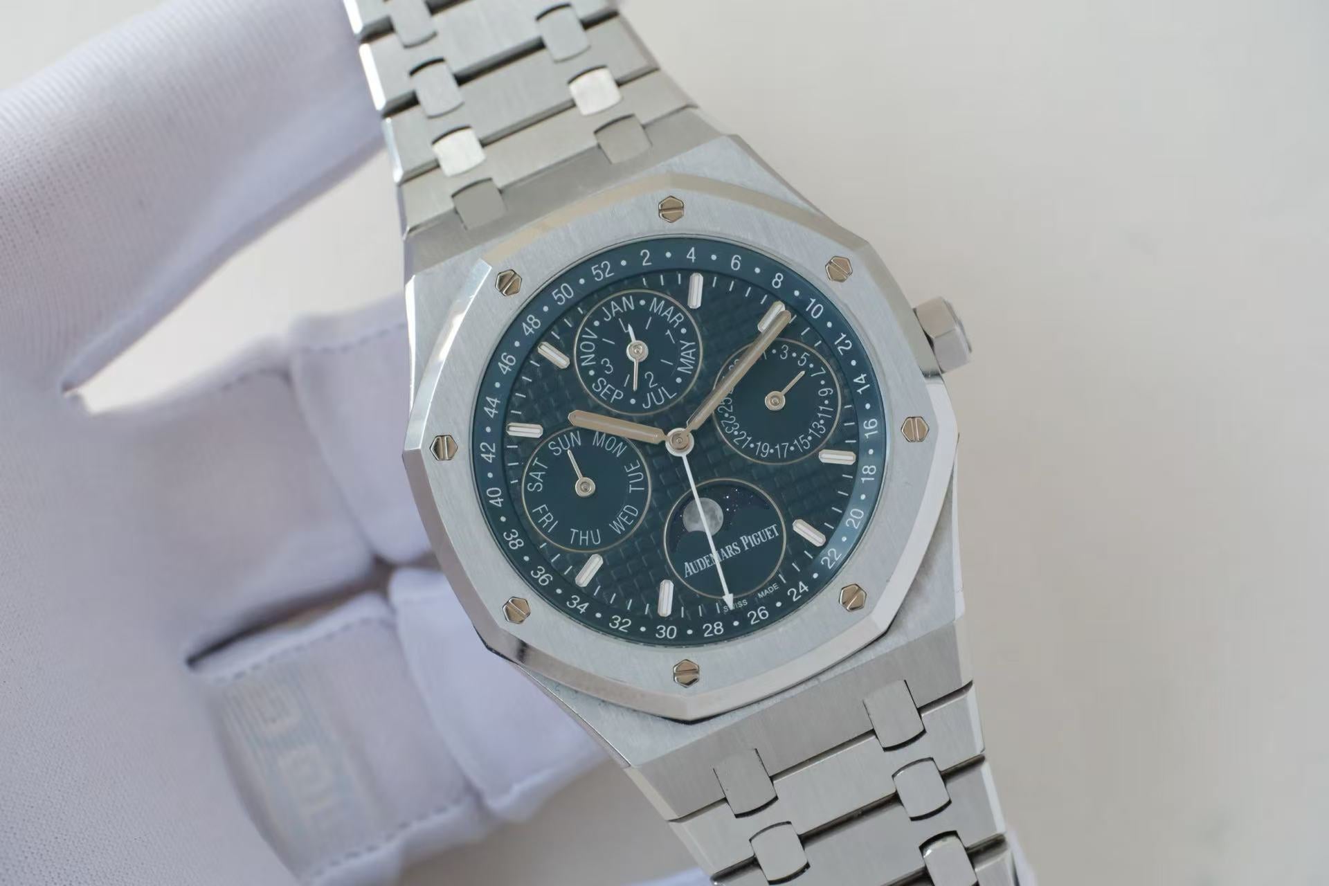 ✦ Audemars Piguet Royal Oak 41mm Stainless Steel Perpetual Calendar 26574ST (Official White Dial Replacement with Blue Dial)