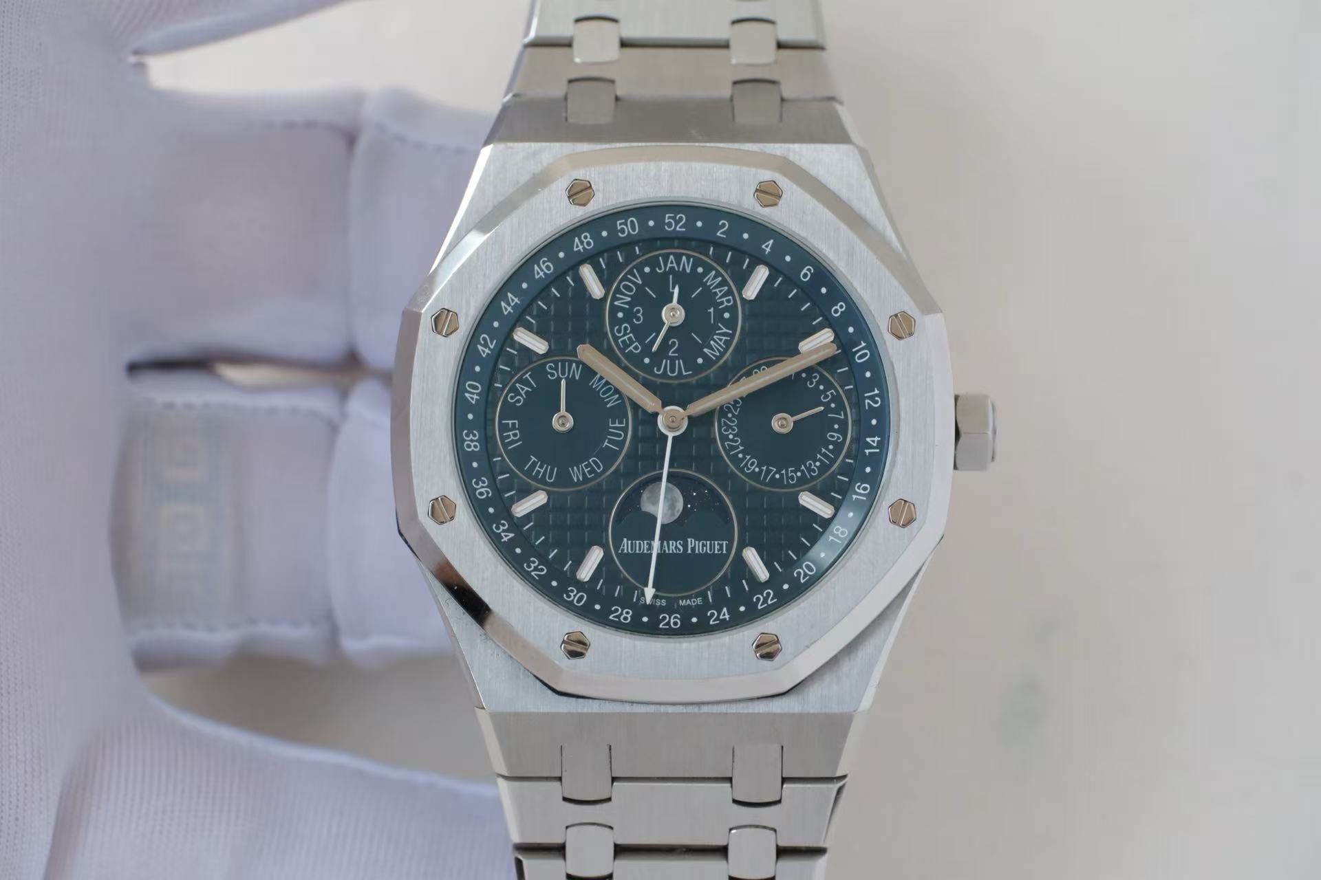✦ Audemars Piguet Royal Oak 41mm Stainless Steel Perpetual Calendar 26574ST (Official White Dial Replacement with Blue Dial)