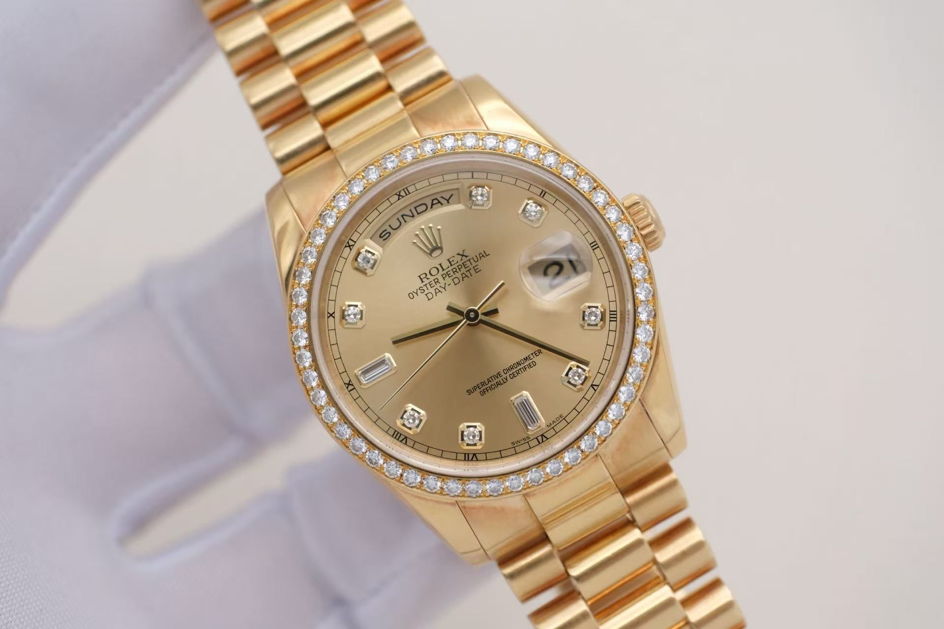 ✦ 劳力士 Rolex 星期日历型 36毫米 18K黄金 原厂镶钻 118348 (2006年带收据大全套)