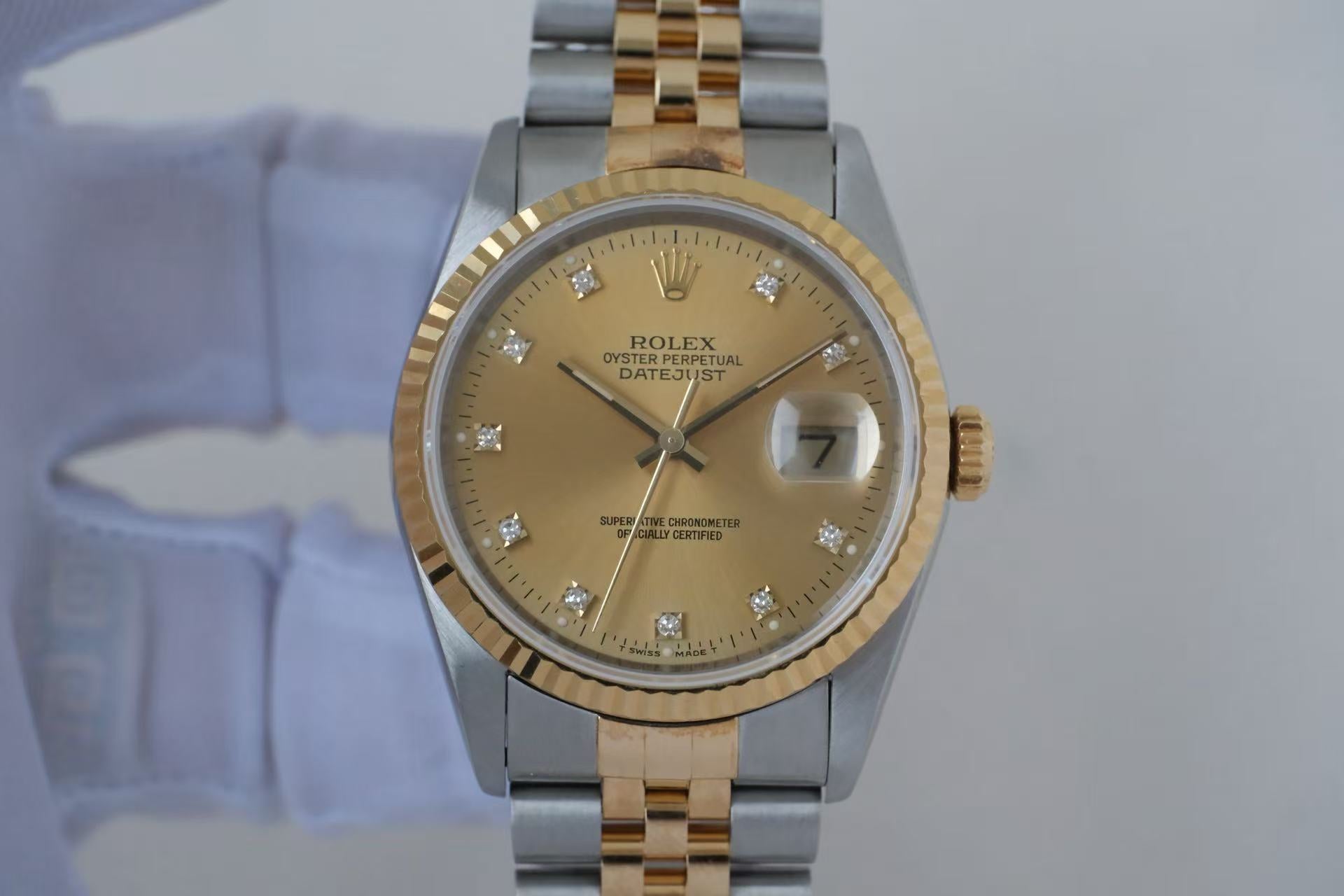 ✦ Rolex Datejust 36mm 18K two-tone champagne gold dial with diamonds 16233 (Exceptional condition/21-link bracelet)