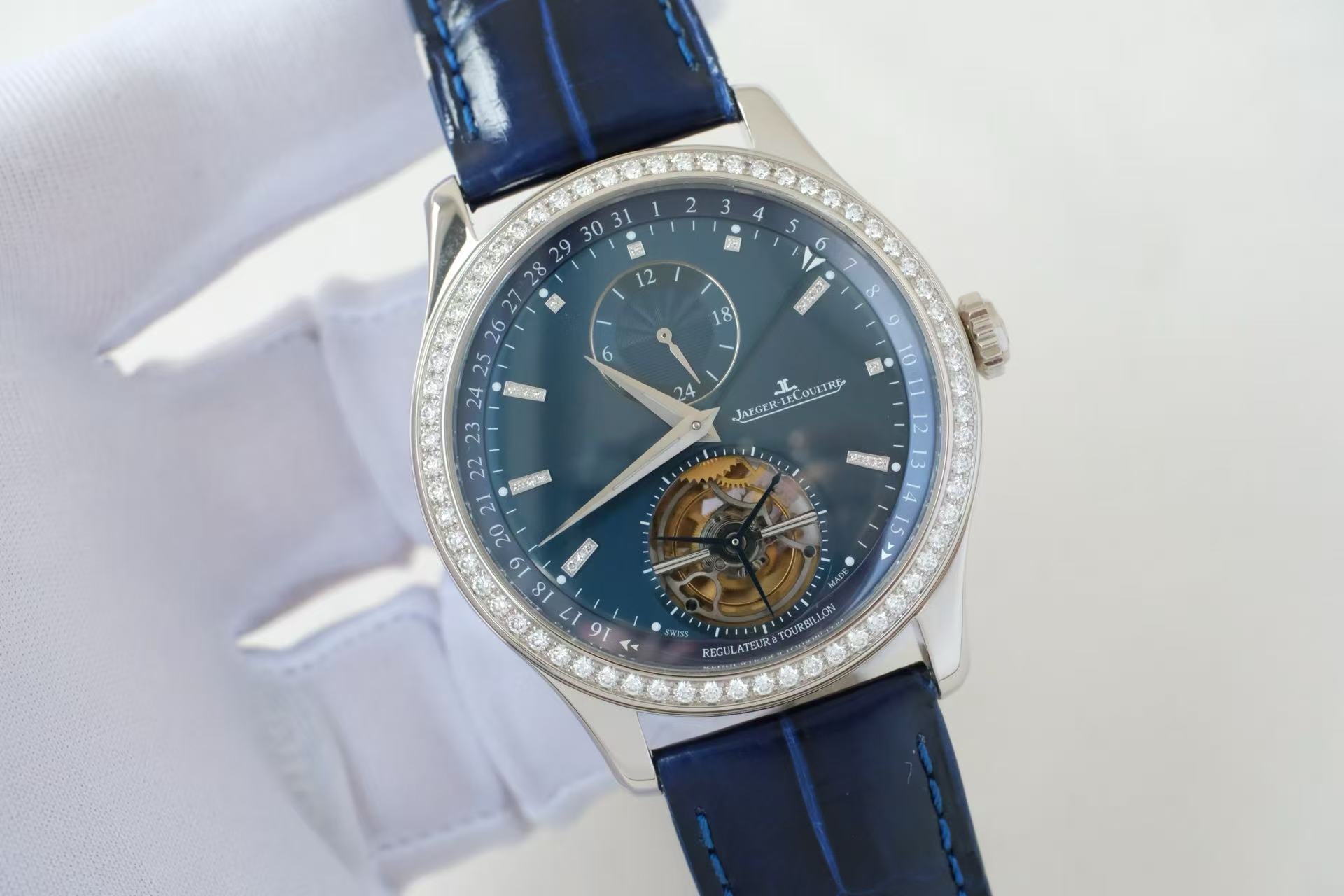 ✦ Jaeger-LeCoultre Master Collection 41.5mm 18K White Gold Diamond-Set Tourbillon Dual Time Watch Q1563580 (Exquisite Single Watch)