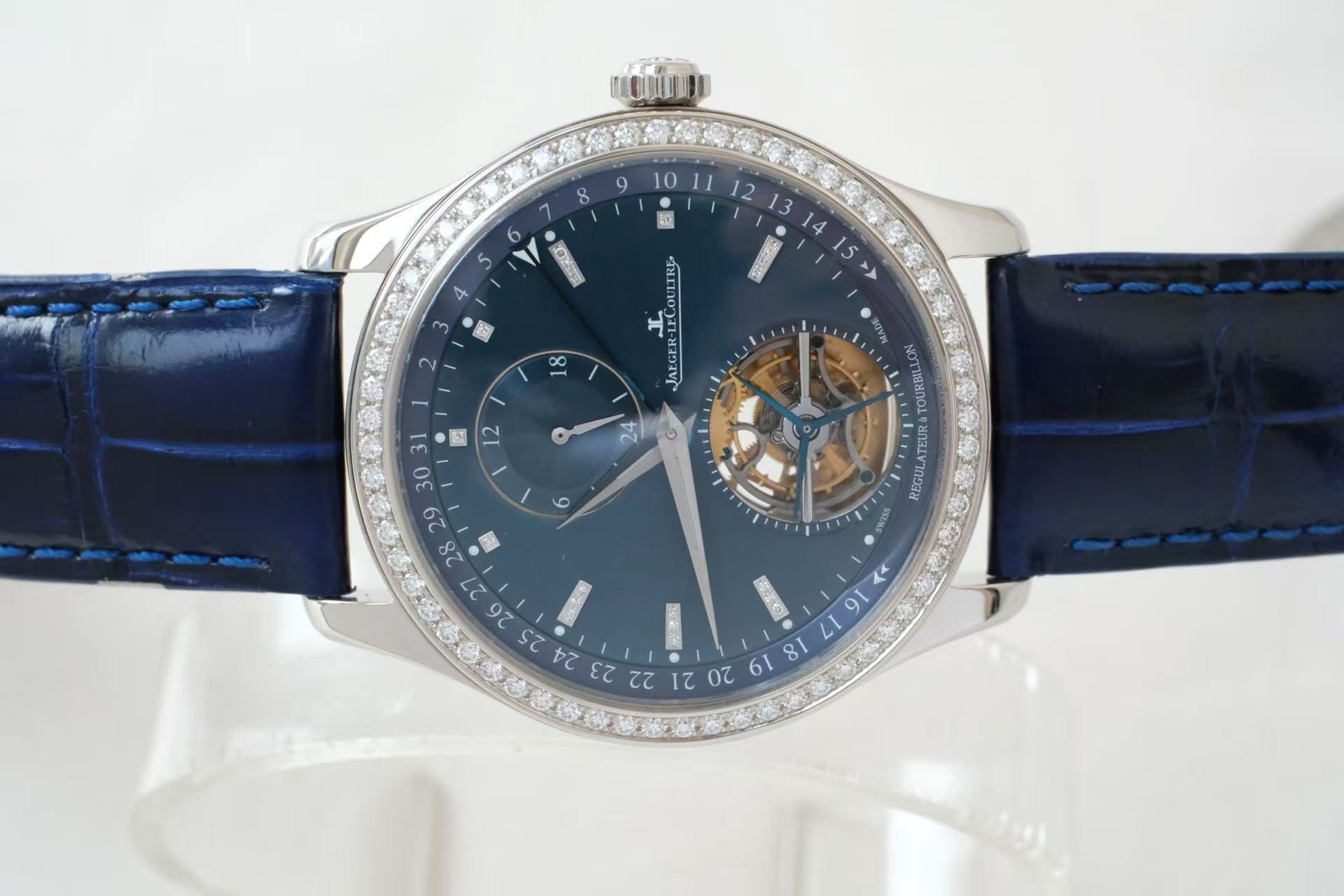 ✦ Jaeger-LeCoultre Master Collection 41.5mm 18K White Gold Diamond-Set Tourbillon Dual Time Watch Q1563580 (Exquisite Single Watch)