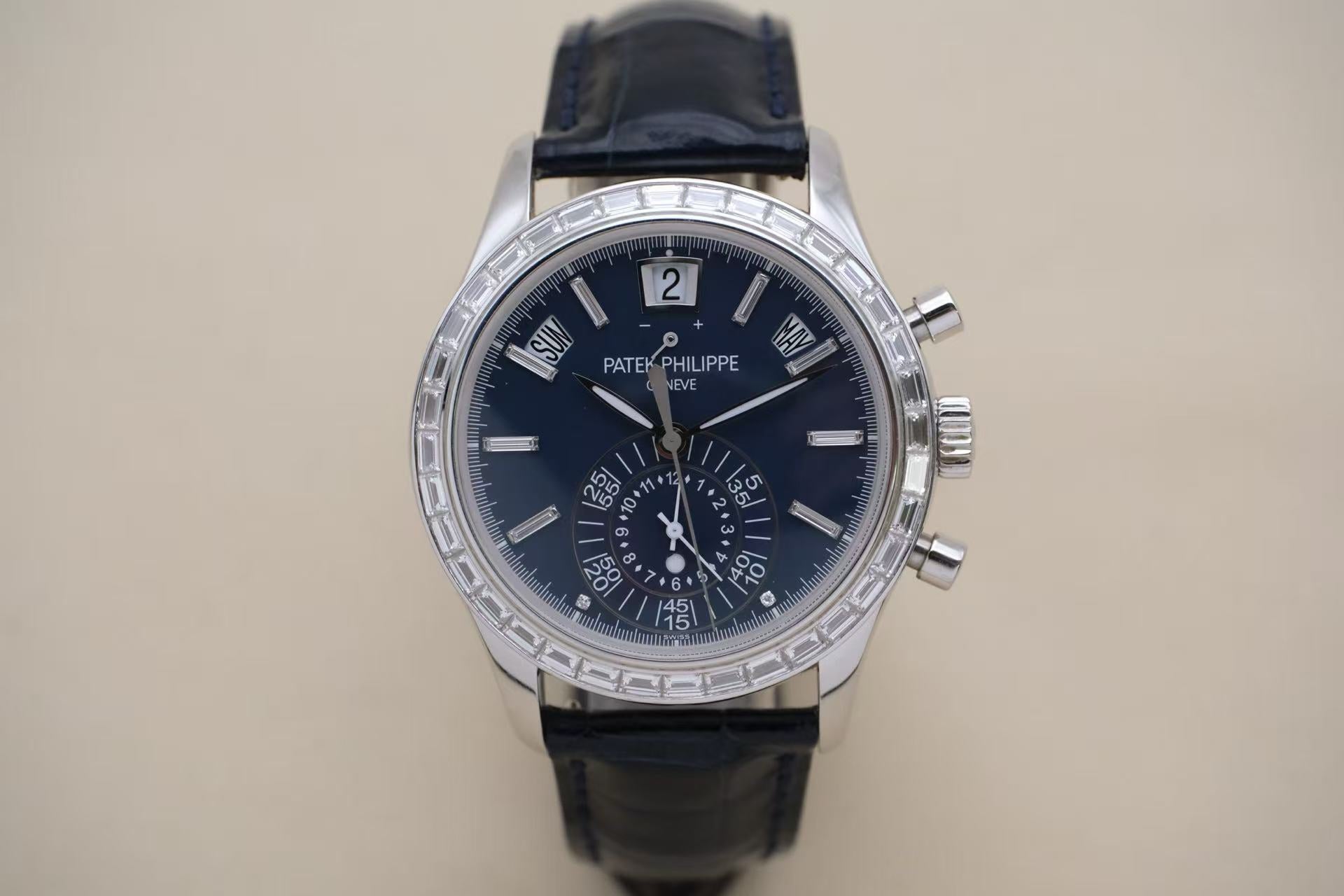 ✦ Patek Philippe Complications Timepiece 5961P 40.5mm PT950 Platinum with Diamonds and Blue Dial Automatic Mechanical