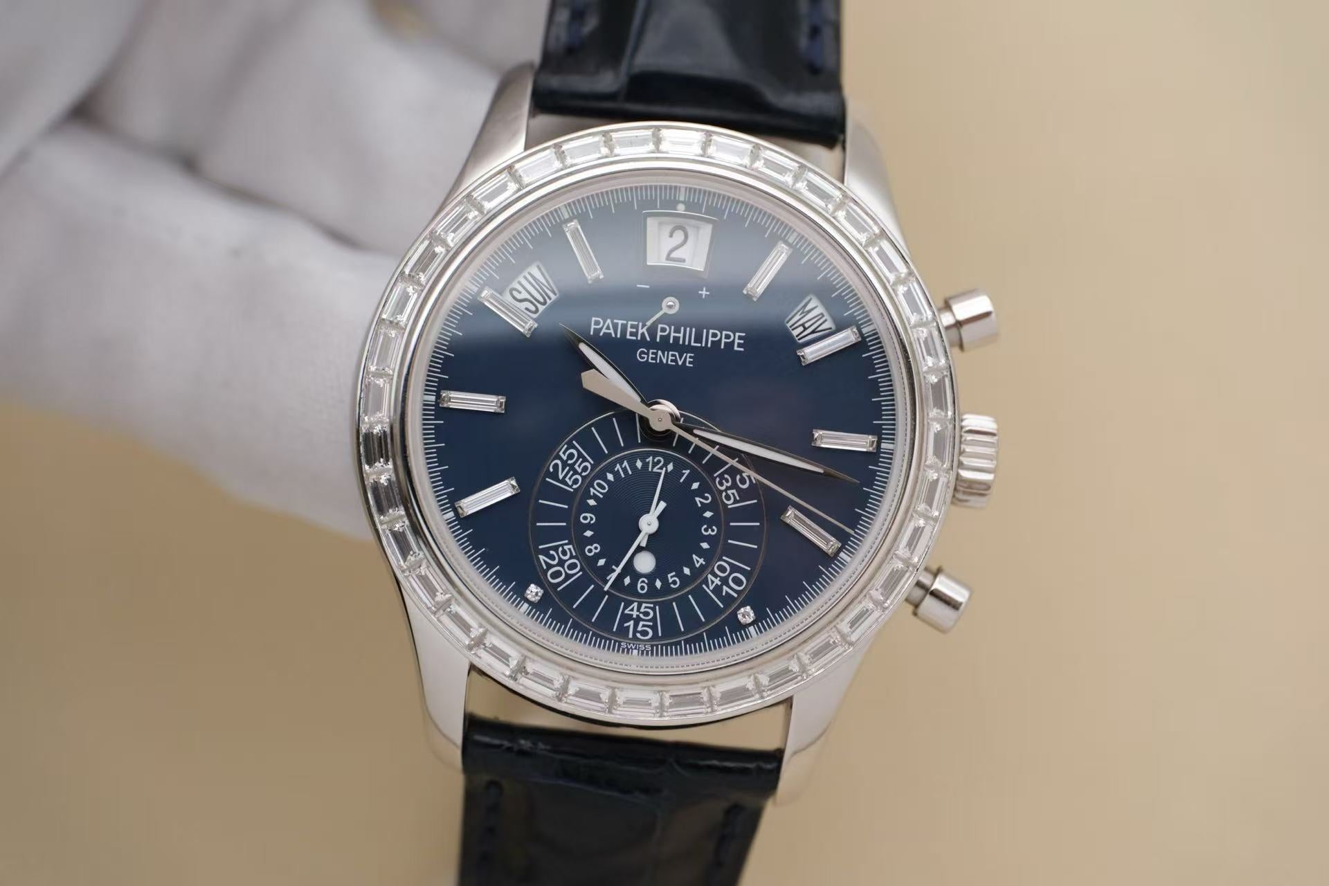 ✦ Patek Philippe Complications Timepiece 5961P 40.5mm PT950 Platinum with Diamonds and Blue Dial Automatic Mechanical