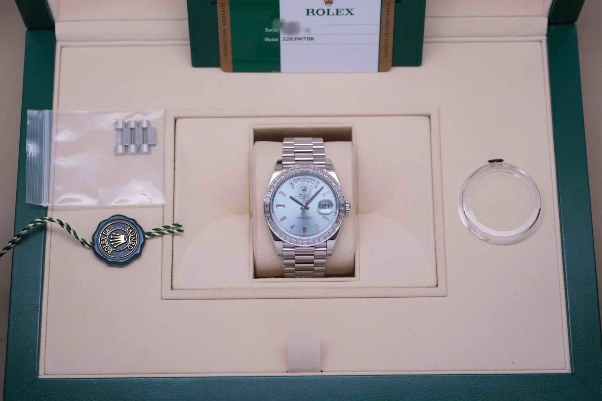 ✦ Rolex Day-Date 228396TBR 40mm 950 Platinum Ice Blue Dial with Crystal Diamonds - Automatic Mechanical