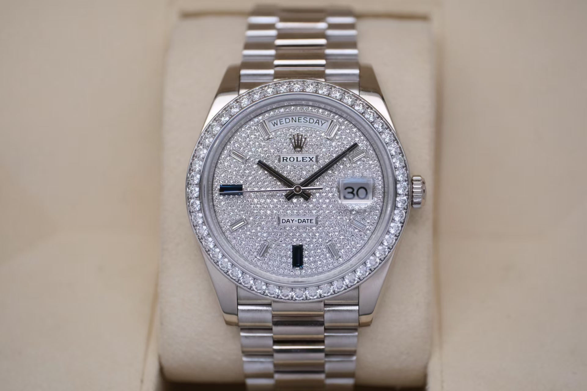 ✦ Rolex Day-Date 228349RBR 40mm 18K White Gold Automatic Watch with Diamonds