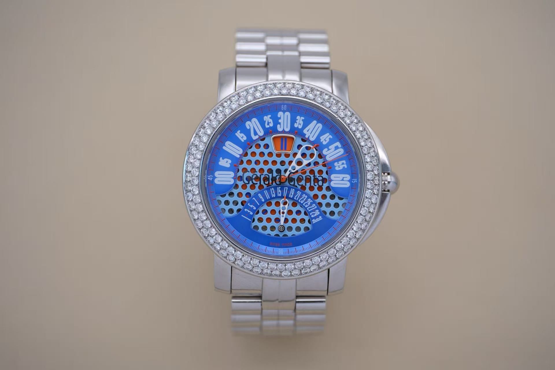 ✦ Independent watchmaking master Gerald Genta 45mm stainless steel double diamond bezel retrograde automatic mechanical watch