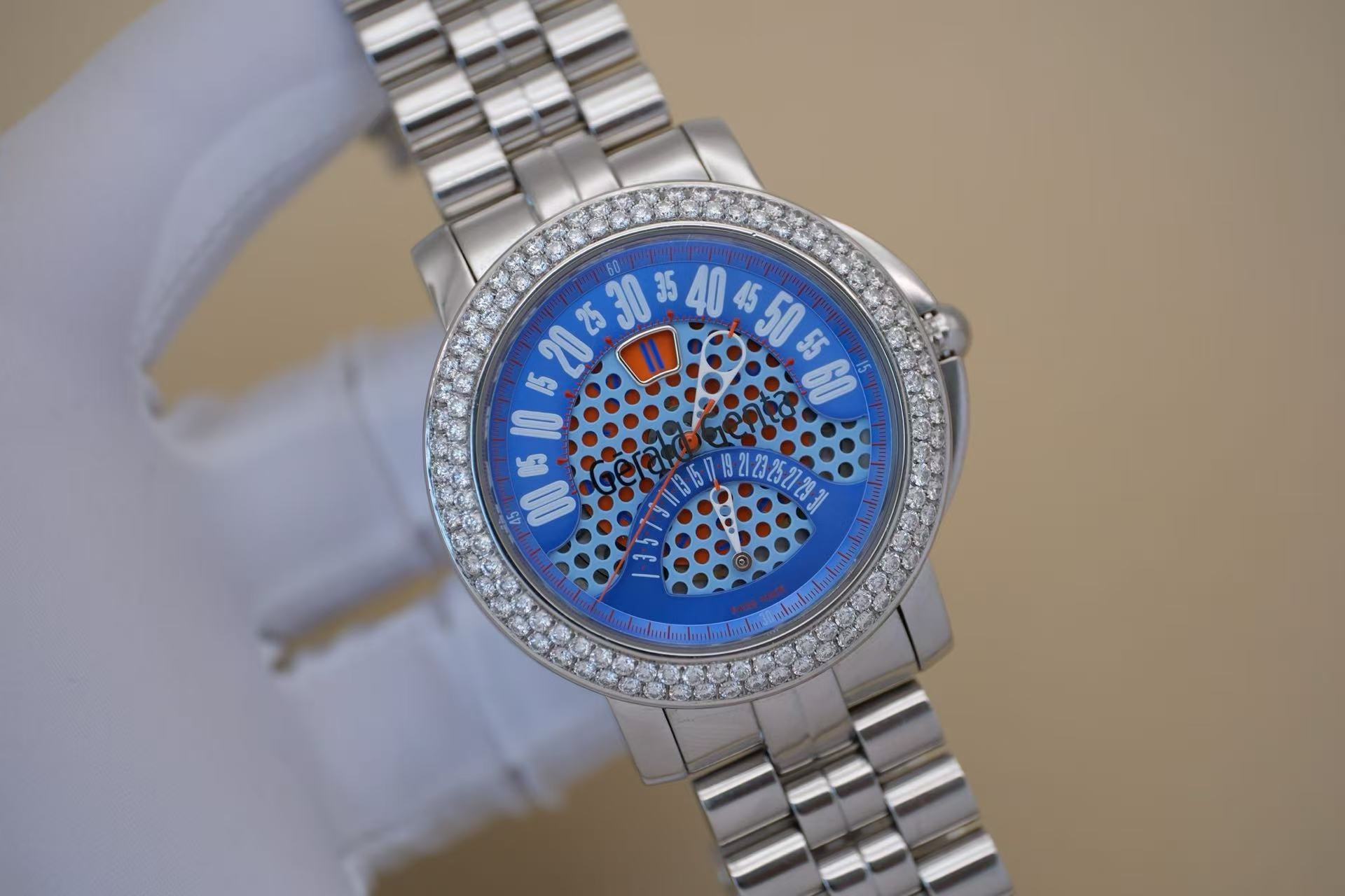 ✦ Independent watchmaking master Gerald Genta 45mm stainless steel double diamond bezel retrograde automatic mechanical watch
