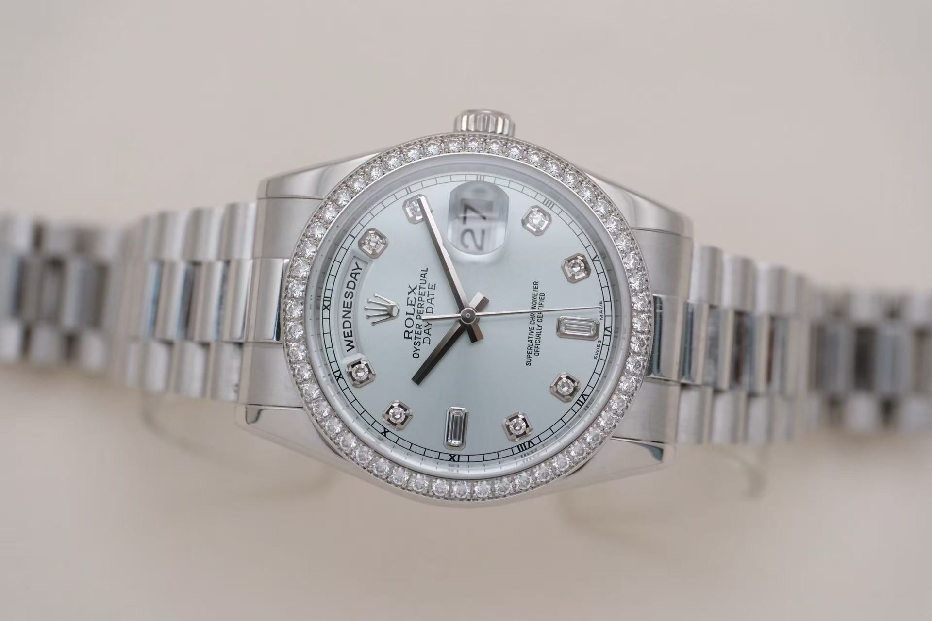 ✦ 劳力士 Rolex 星期日历型 36 m118346 36毫米 pt950铂金 冰蓝盘镶钻 自动机械