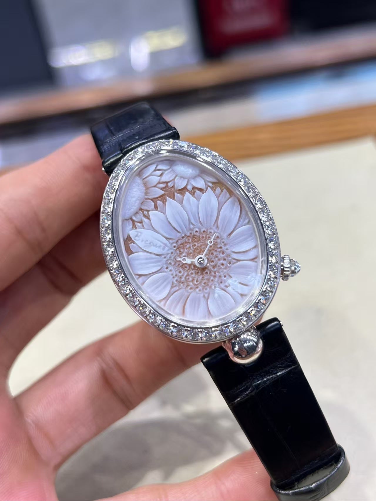✦ Breguet Reine de Naples 8958BB 18K white gold, diamond-set mother-of-pearl, embossed sunflower automata