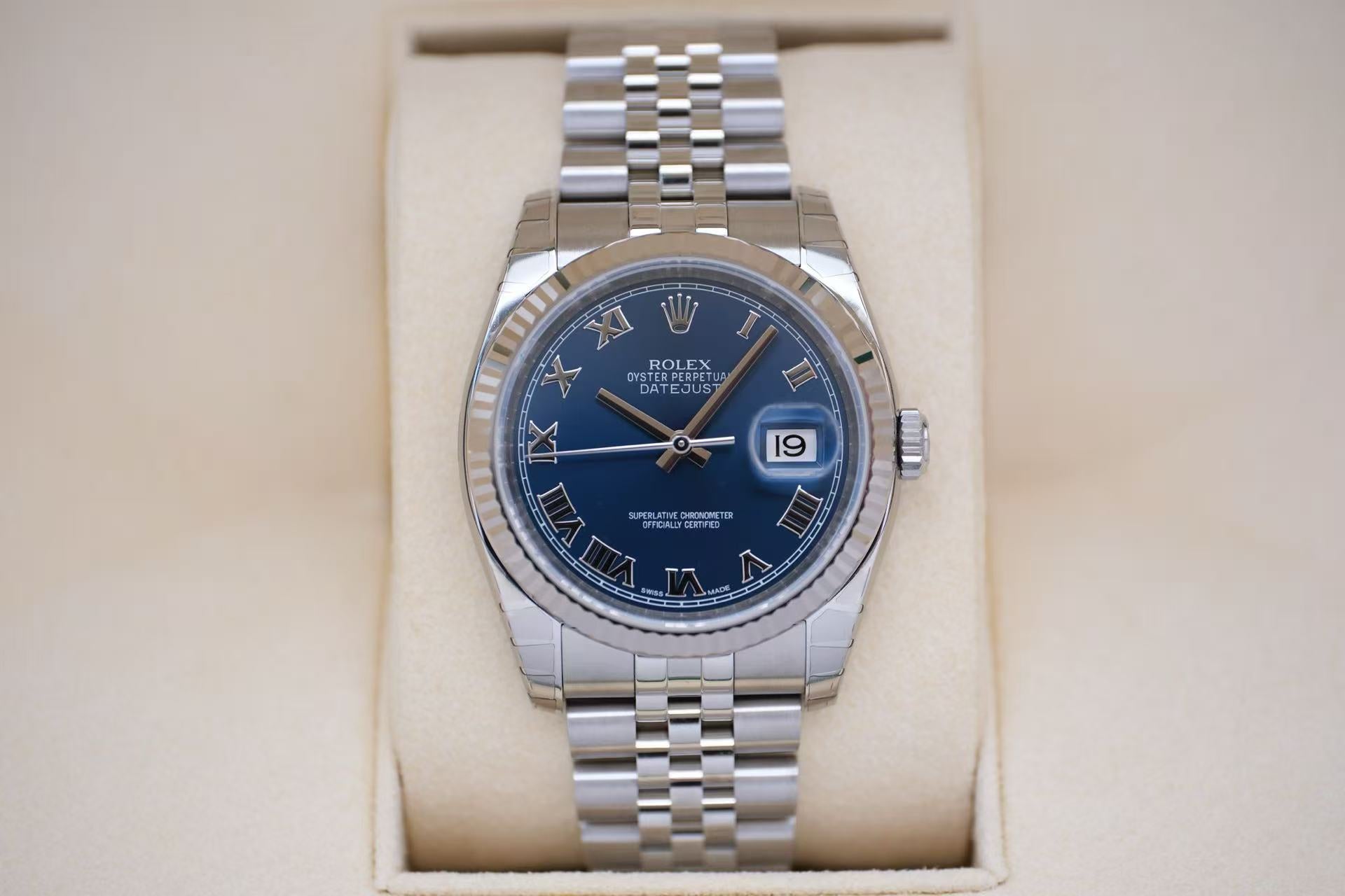 ✦ Rolex Datejust 116234 36mm, misprinted blue Roman numerals, 18K white gold, discontinued, fully protected, unused.