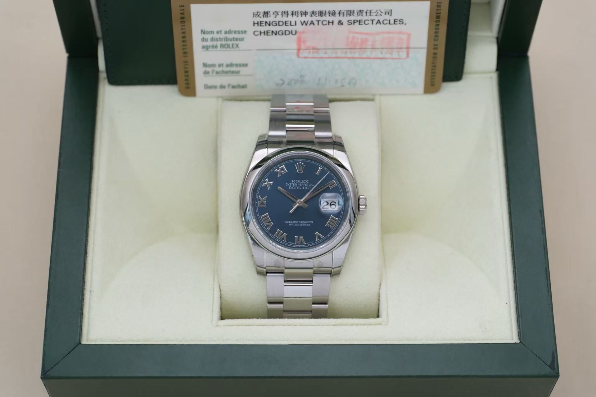 ✦ 劳力士 Rolex 日志型 Datejust 36mm 116200 蓝盘罗马时标 2008年库存全膜未使用