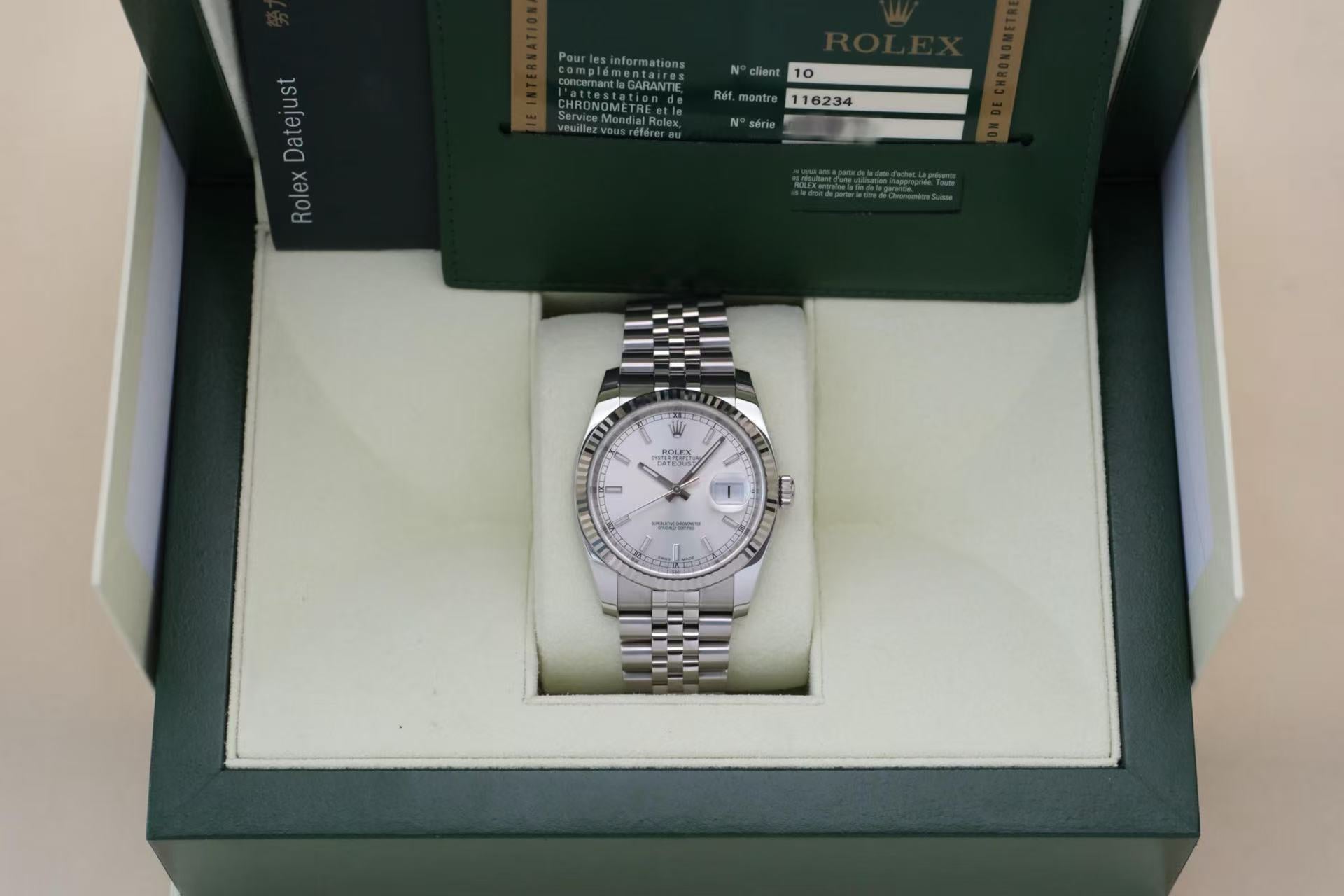 ✦ 劳力士 Rolex 日志型 Datejust 36mm 116234 18K白金狗牙圈 白盘 2012年全套未使用 (隐藏扣)