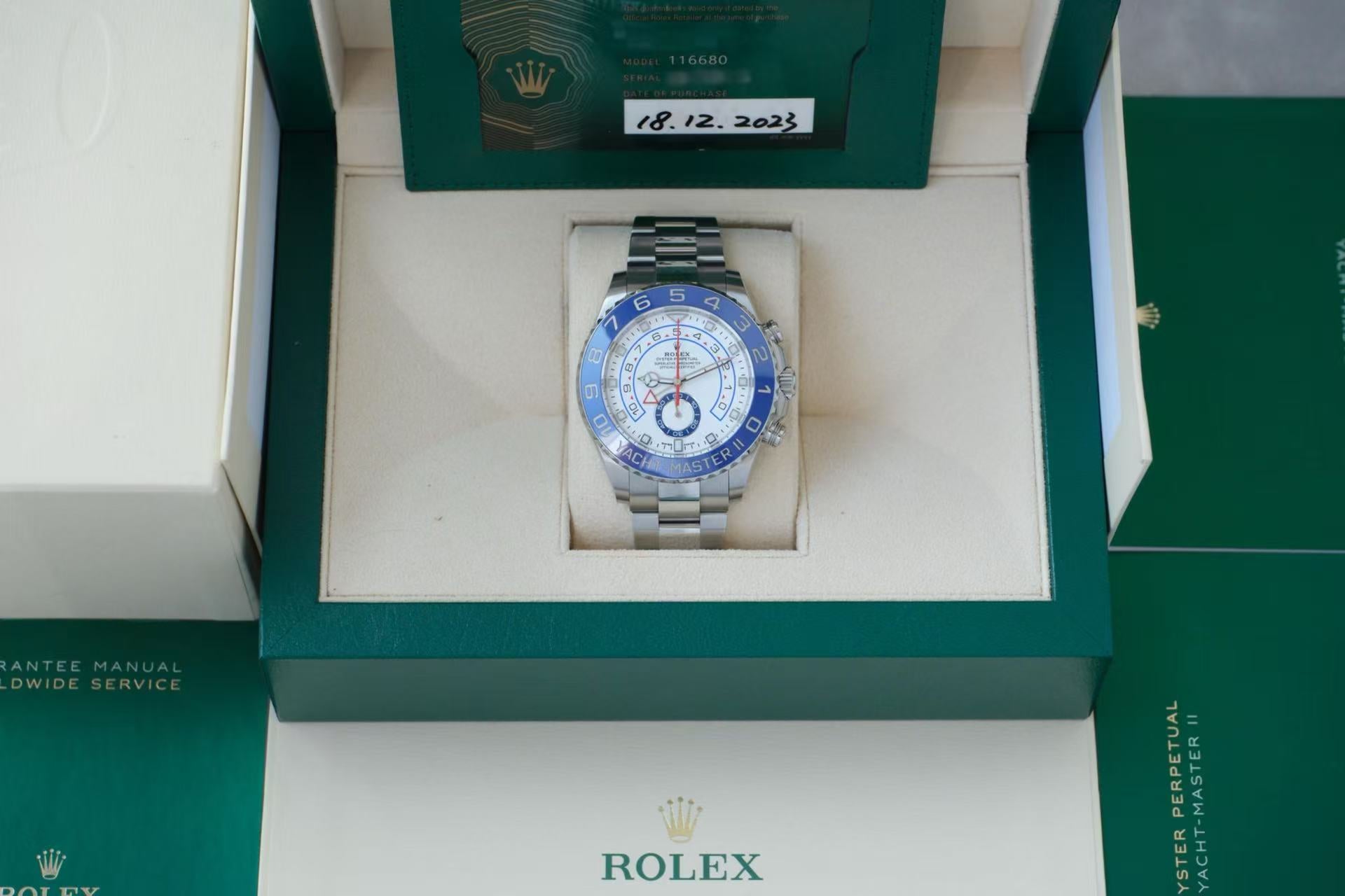 ✦ Rolex Yacht-Master II 116680, Blue Bezel, 44mm, Complete Set, December 2023