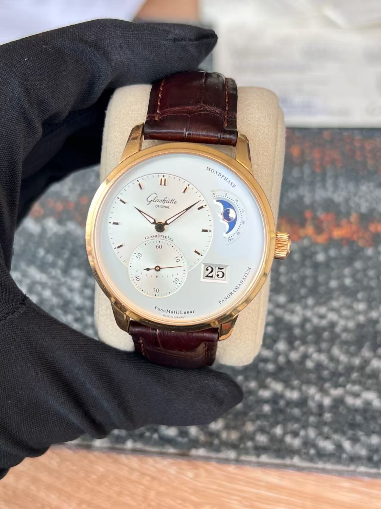 ✦ 格拉苏蒂原创 Glashütte Original 偏心月相 1-90-02-45-35-04 18K玫瑰金 折叠扣 40mm 2014年全套